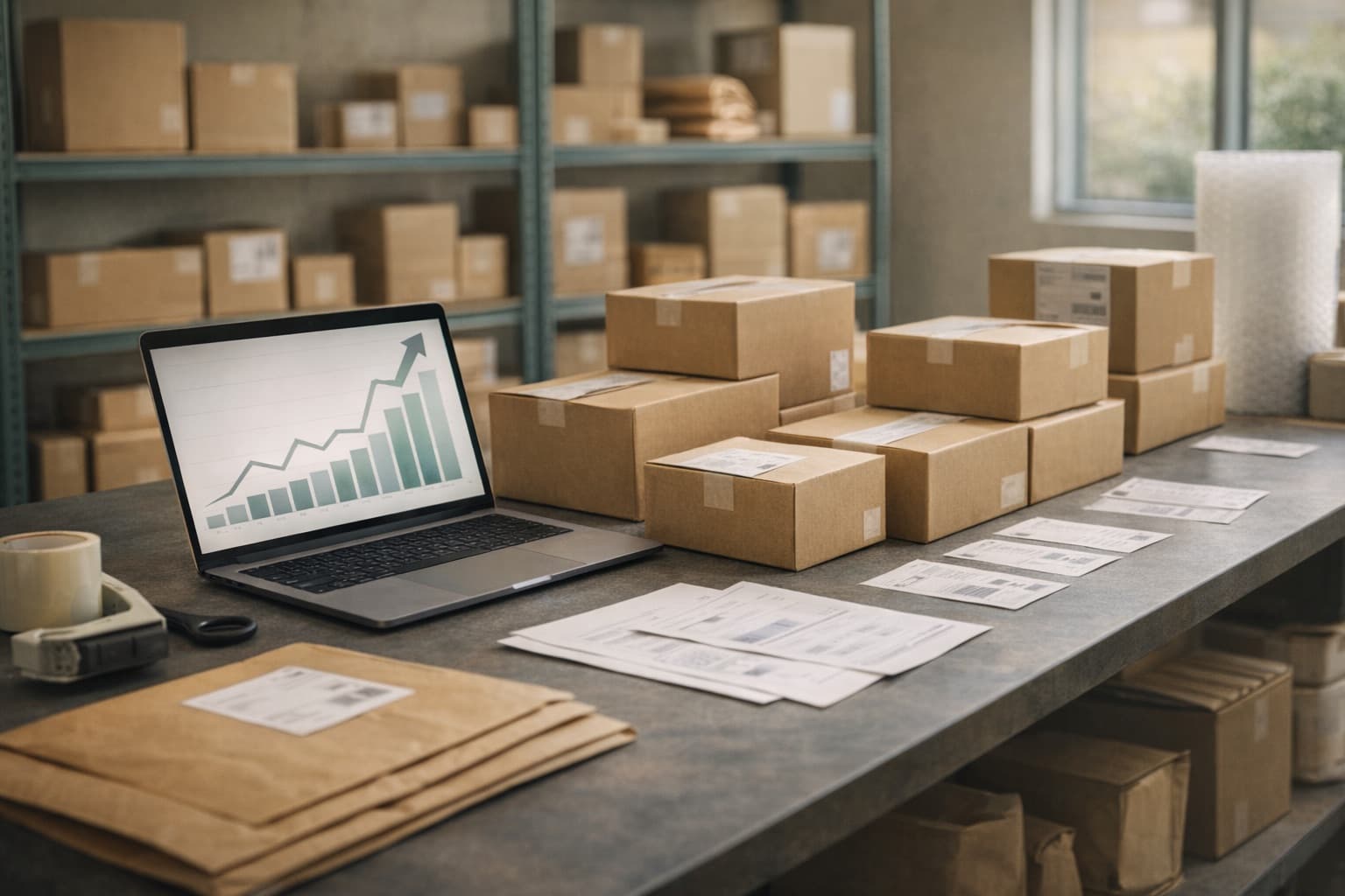 Operations worktable with fulfillment materials and growth chart